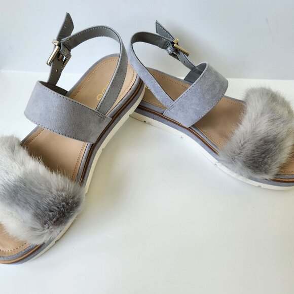 Aldo Gray Faux Fur Platform Sandals Suede Summer Casual Party Glam Pretty Cute - Picture 9 of 10